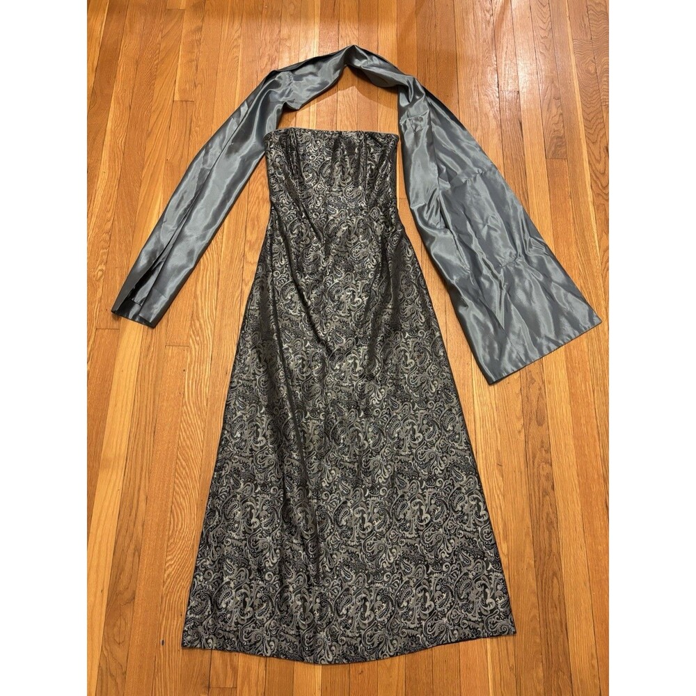 VTG Y2K Jessica McClintock Strapless Jacquard Blue Dress Gown Sash Paisley 8